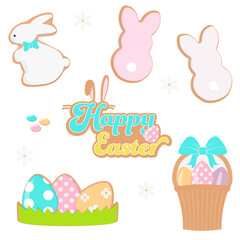 Happy Easter ornamental elements no background, bunny cookies, easter eggs, canasta de pascua