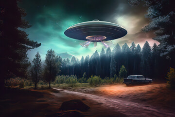 Fototapeta na wymiar flying saucer Alien abduction scene over a campsite