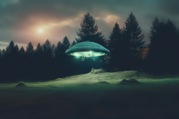 Fototapeta na wymiar flying saucer Alien abduction scene over a campsite