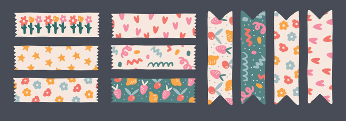 Set of Notebook Kawaii Washi Tape strips. Cute element of sticky notes, decorative scotch. Printable stickers for Daily planner, scrapbook, and schedule