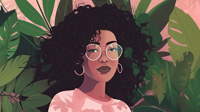 Digital drawning of a fictional black woman with curvy black hair and round glasses. Generative AI illustration.
