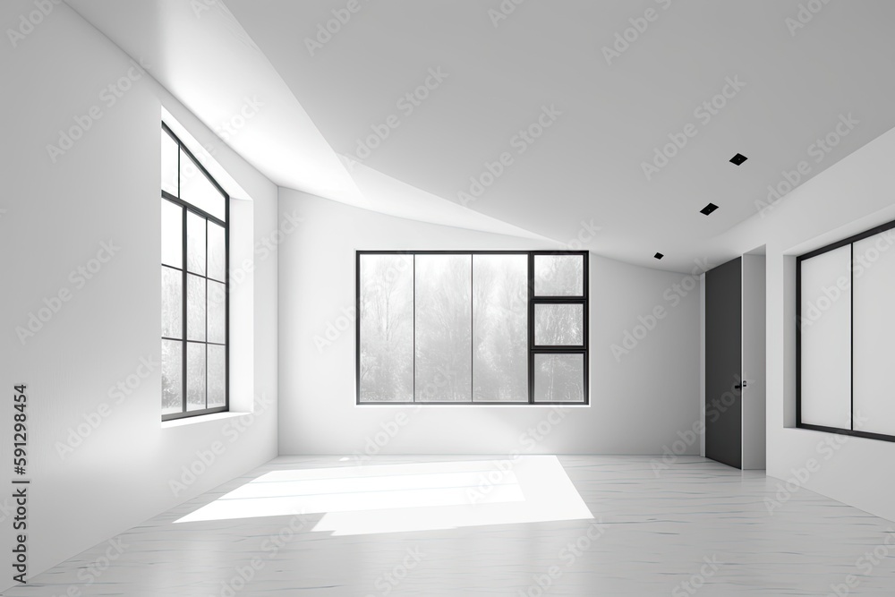 Aufkleber an empty white room with large windows. generative ai