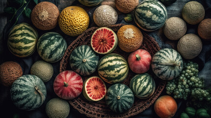 assorted assorted watermelons beautifully stacked on the background, a large set of different watermelons and melons. generative AI