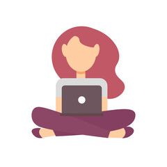 Work and study at home. Flat vector illustration isolated on a white background. A girl with a laptop is working and sitting on the floor