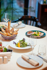 front view dinner table in restaurant salad meal food breakfast snack lunch night cafe