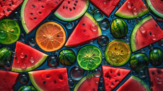 assorted fruits and pieces of watermelons located in the water, top view. Generative AI