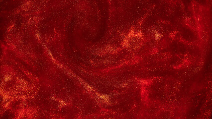 Magic Galaxy of golden dust particles in red fluid.