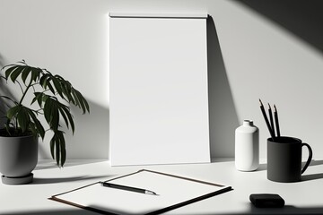 minimalist desk setup with a plant, notebook, and pen. Generative AI