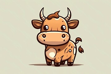 Fototapeta premium Brown Cow with Horns Standing in Front of a Gray Background. Generative AI