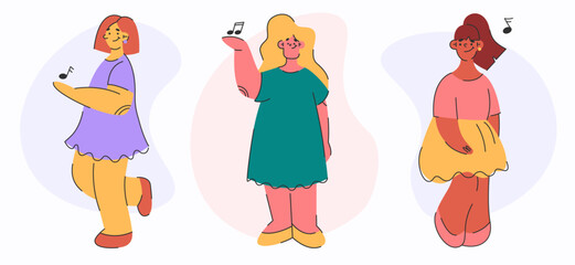 Cute girls listening music,enjoy sound vector illustration set.Cartoon flat woman characters dancing,isolated on white