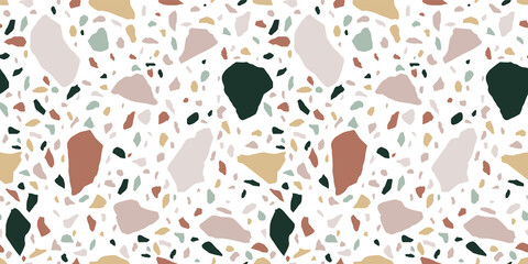 Terrazzo flooring seamless pattern with colorful marble rocks. Classic interior material background of mosaic stone. Trendy fashion print wallpaper for textile project or web backdrop.