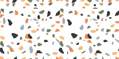 Terrazzo flooring seamless pattern with colorful marble rocks. Classic interior material background of mosaic stone. Trendy fashion print wallpaper for textile project or web backdrop.