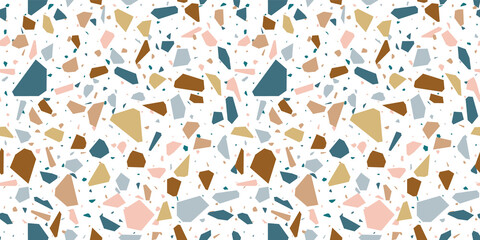 Terrazzo flooring seamless pattern with colorful marble rocks. Classic interior material background of mosaic stone. Trendy fashion print wallpaper for textile project or web backdrop.