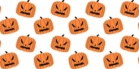 Scary halloween pumpkin seamless pattern. Creepy orange jack o lantern cartoon doodle background for october season concept.	