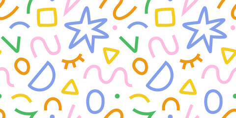 Fun colorful line doodle seamless pattern. Creative minimalist style art background for children or trendy design with basic shapes. Simple childish scribble backdrop.
