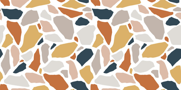 Fototapeta Terrazzo flooring seamless pattern with colorful marble rocks. Classic interior material background of mosaic stone. Trendy fashion print wallpaper for textile project or web backdrop.