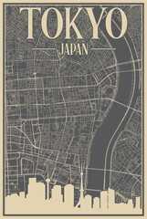 Colorful hand-drawn framed poster of the downtown TOKYO, JAPAN with highlighted vintage city skyline and lettering