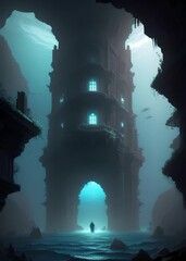 Majestic tall building in an abandoned underwater aquatic city | AI illustration | 4K | Deep sea Tower