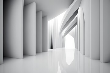 an Empty White Room with Columns and White Floor. Generative AI