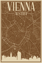 Colorful hand-drawn framed poster of the downtown VIENNA, AUSTRIA with highlighted vintage city skyline and lettering