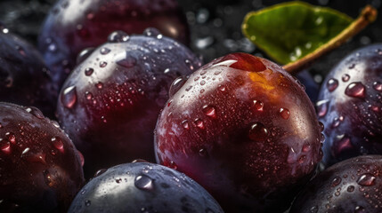 close-up of plum fruits in water drops. Created by AI.