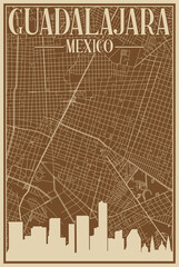 Colorful hand-drawn framed poster of the downtown GUADALAJARA, MEXICO with highlighted vintage city skyline and lettering