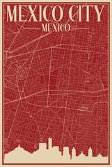 Colorful hand-drawn framed poster of the downtown MEXICO CITY, MEXICO with highlighted vintage city skyline and lettering