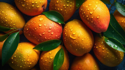 Ripe mango fruits in water drops on the leaves. Studio light. Created with AI.