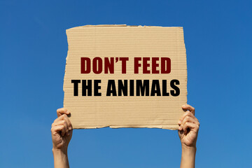 Don't feed the animals text on box paper held by 2 hands with isolated blue sky background. This message board can be used as business concept about don't feed the animals.