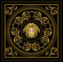 Baroque mandala concept. Golden abstract patterns and leaves. Chains and head at black background. Luxury and wealth, vintage and antique style. Realistic 3D vector illustration