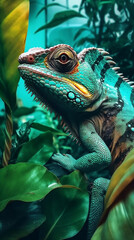 Beautiful colorful iguana in a rain forest.