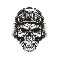 skull soldier, vintage logo concept black and white color, hand drawn illustration