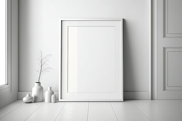 minimalist white room with a framed artwork and decorative vases. Generative AI