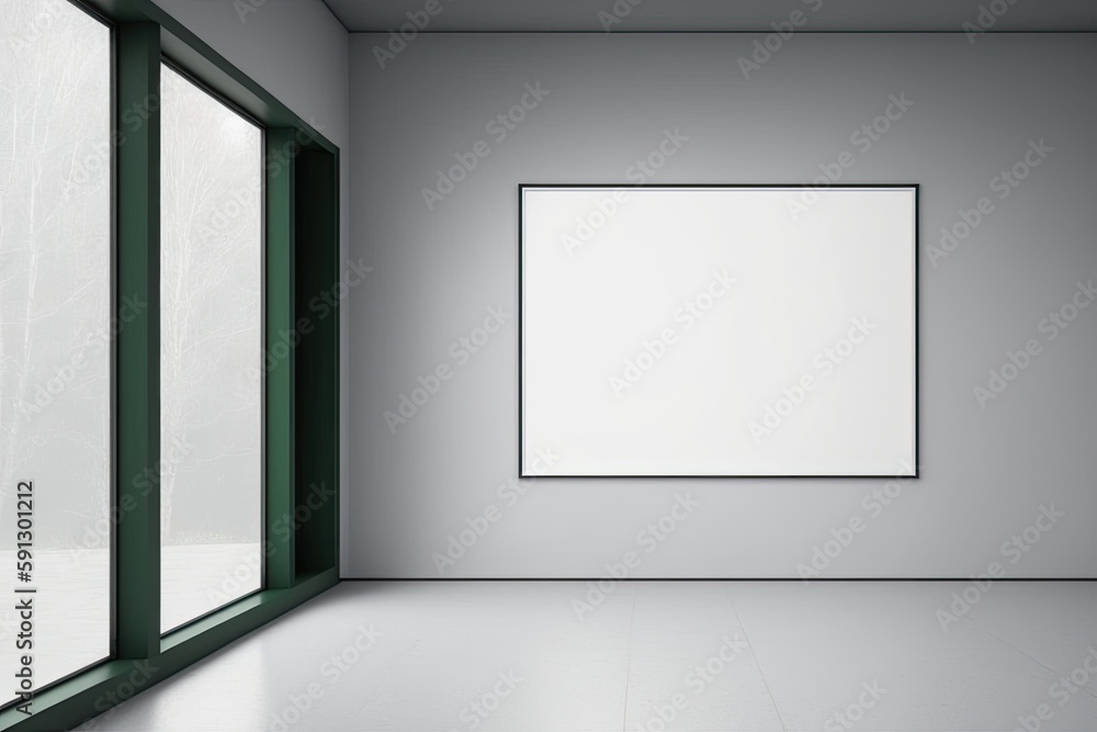 Poster an empty room with a blank picture frame on the wall. generative ai