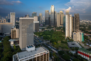 Fototapeta premium Jakarta Skyline on sudirman street during the golden hour. 