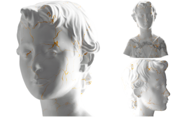 A stunning 3D render of a young John the Baptist statue, white marble stone shimmering gold accents