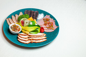 front view sliced sausage with vegetables and ham inside plate on a white background salad meal food breakfast snack lunch