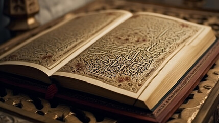Fototapeta premium Quran - holy book of Islam in mosque. Generative ai