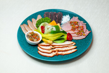 front view sliced sausage with vegetables and ham inside plate on white background salad meal food breakfast snack lunch
