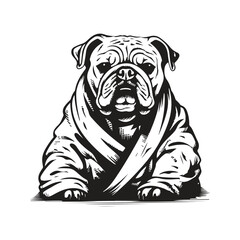 bulldog wearing bathrobe, vintage logo concept black and white color, hand drawn illustration
