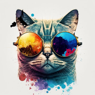 cat wearing sunglass vector graphic, white background