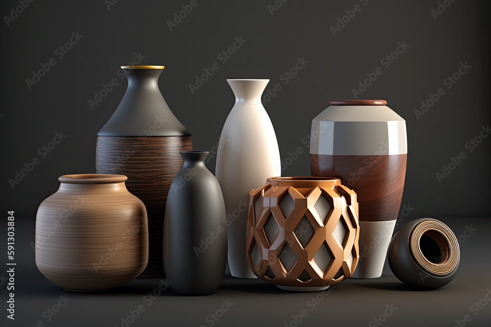 Poster table with a collection of colorful vases arranged in a row. generative ai