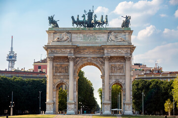 The triumphal arch Porta Sempione with Arch of Peace in Milan