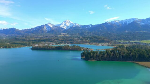 Flight over a fairytale lake with turquoise-blue water - travel photography