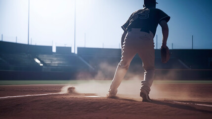 silhouette of a baseball player on a baseball field, sunny day, cinematic lighting. Postroducted generate AI.