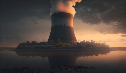 Nuclear power plant and cooling towers landscape for energy advertising and background, power, building, reactor Generative AI