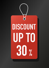 Red price tag. Discount up to 30 percent. Advertising poster or banner for website, marketing. Cashback and prizes. Gift voucher or coupon. Cartoon flat vector illustration