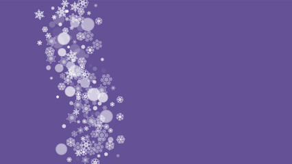 Snow window with ultra violet snowflakes. New Year backdrop. Winter border for flyer, gift card, invitation, business offer and ad. Christmas trendy background. Holiday snowy banner with snow window