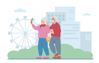 Couple of Elderly People using smartphone to take self-portrait in city with skyscrapers. Senior smiling man and woman traveling. Active grandparents concept. Vector flat illustration.