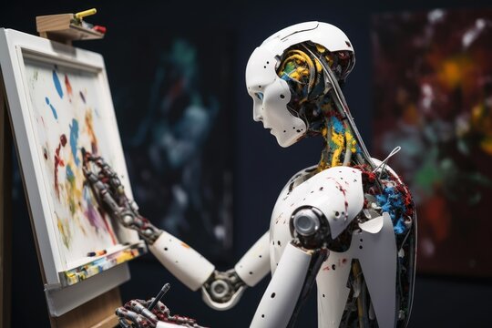 AI robot is painting an artwork created with generative AI technology.